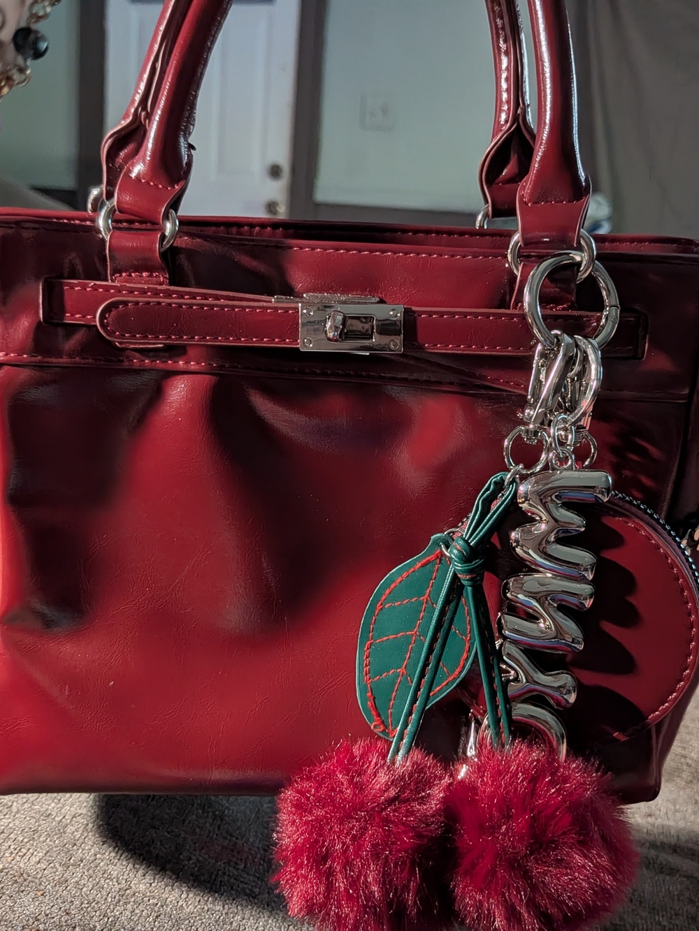 Red Patent Tote Bag with Pom Pom Charm